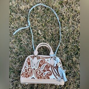 Spartina 449 Brown and Blue Paisley Crossbody Satchel Bowler Bag